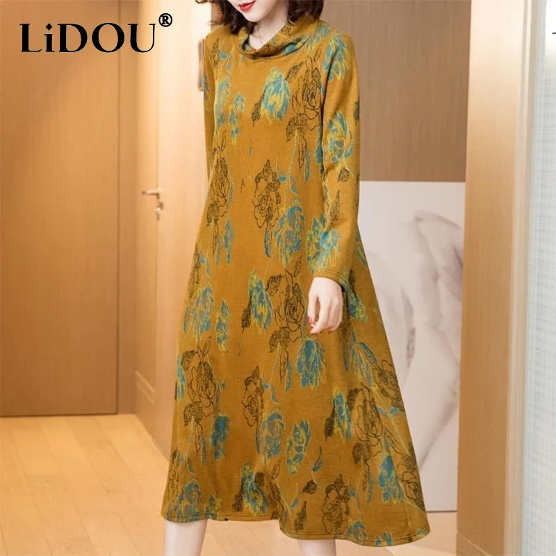 Autumn Winter Literary Vintage Ethnic Style Printing Dress Female Long Sleeve Loose Casual Elegant Robe Women Oversized Vestidos