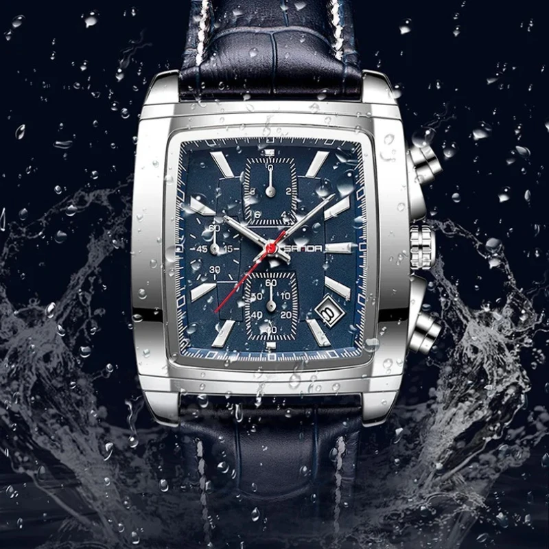 SANDA 5303 Rectangular Dial New Design Soft Leather Strap Waterproof Quartz Movement Business Watches for Men Relogios Masculino