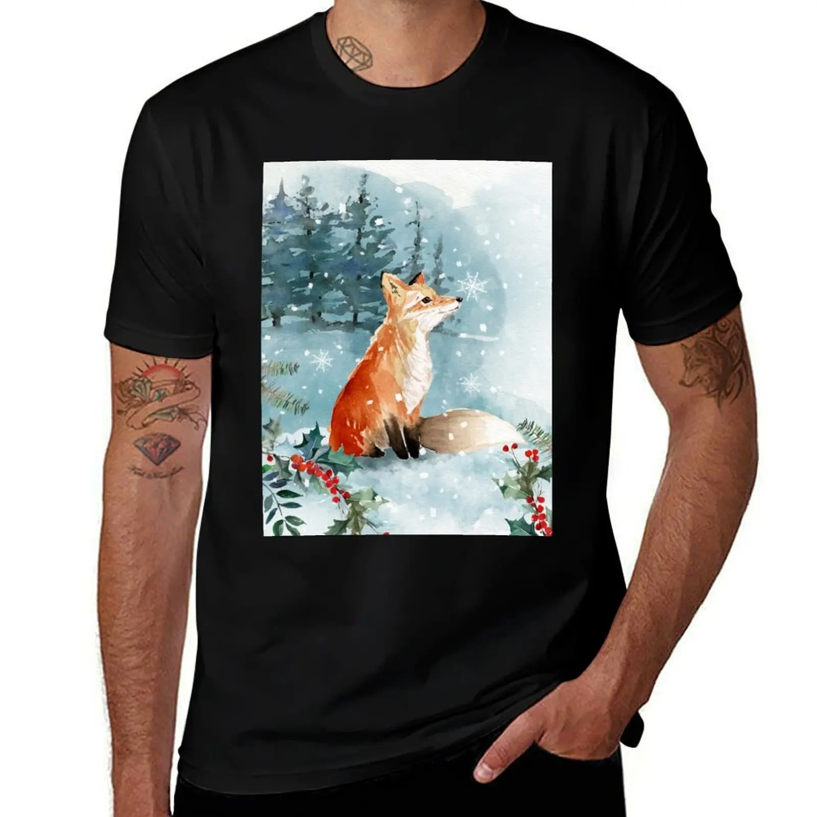 Watercolor Fox In The Snow T-Shirt Work Outdoor T-Shirt for Men
