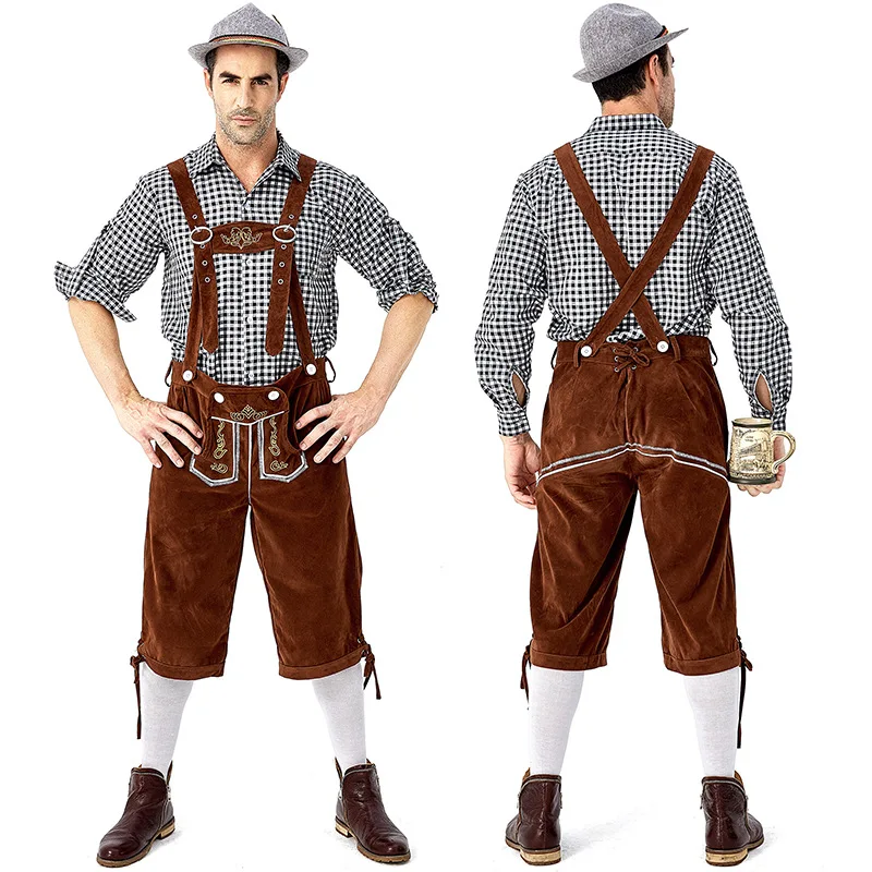 

German Oktoberfest Men's Outfit - Brown Lederhosen Suspender Pants & Plaid Shirt (Hat Not Included