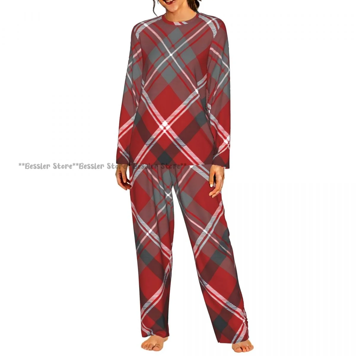 2 Piece Loungewear Women Pajama Sets Red Check Plaid Texture Soft Homewear Sleepwear Long Sleeve Nightwear