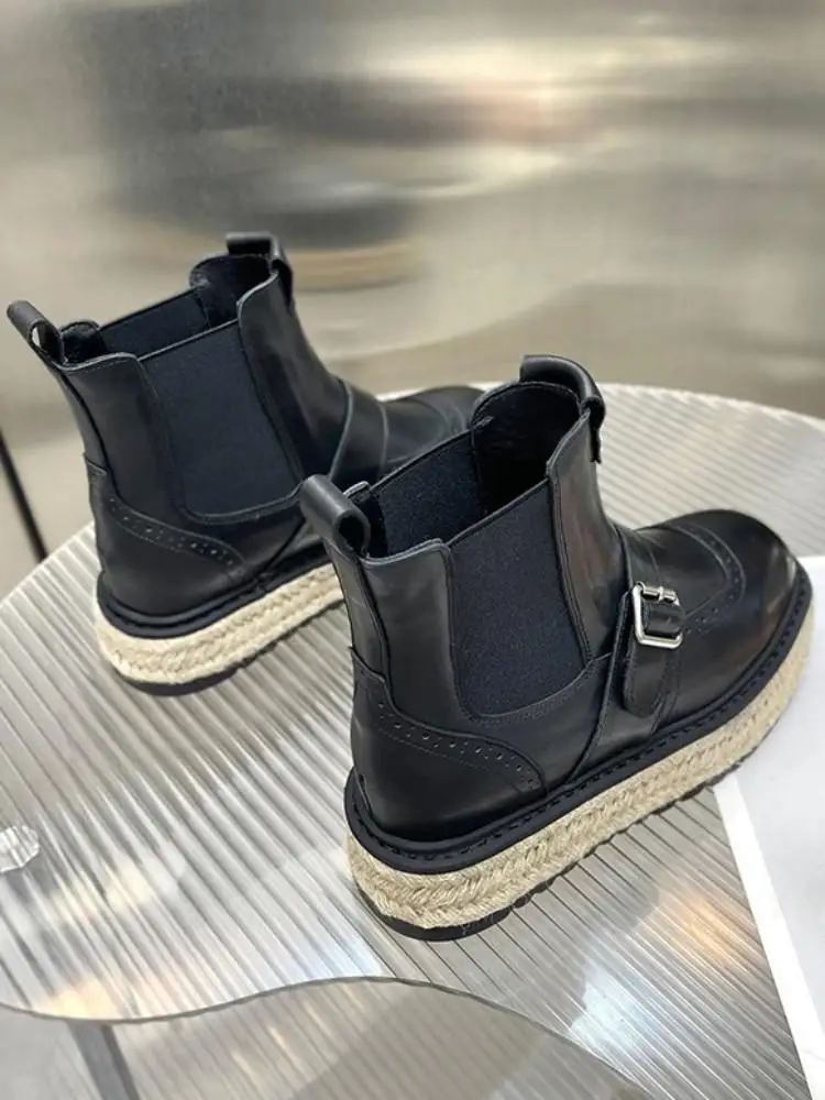 Retro British Genuine Leather Round Toe Elastic Band Ankle Boots Solid Color Cowhide Ladies Hard Wearing Platform Footwear