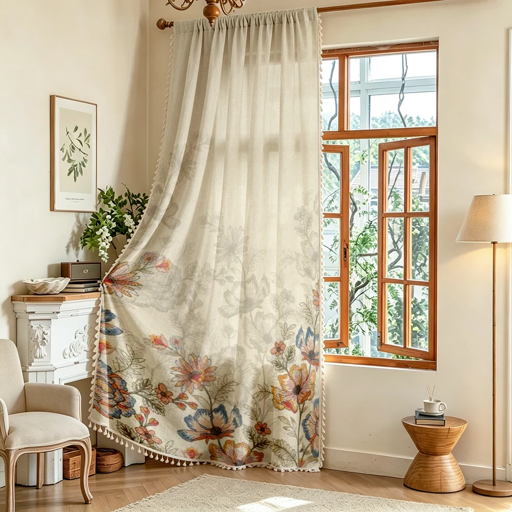 1PC Vintage Tassel Sheer Curtains, Beige Colorful Floral, Digital Print, Linen Polyester, Bedroom Living Room, Home Decor
