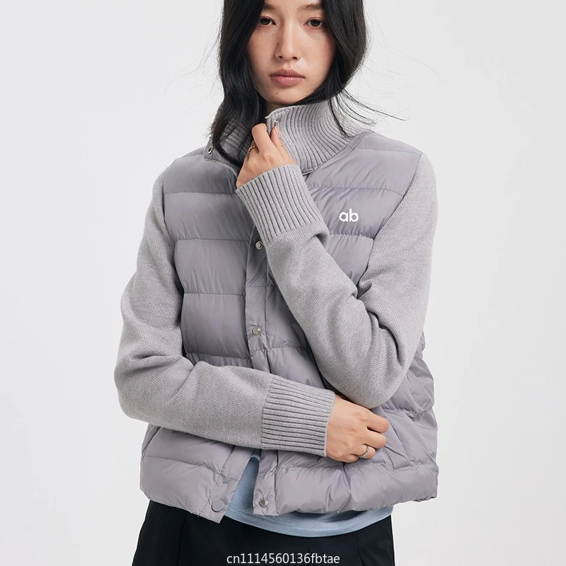 2026 New Women Knit Splicing Padded Jacket Stand Collar Long Sleeve Button Closure Short Warm Coat for Casual Street Style