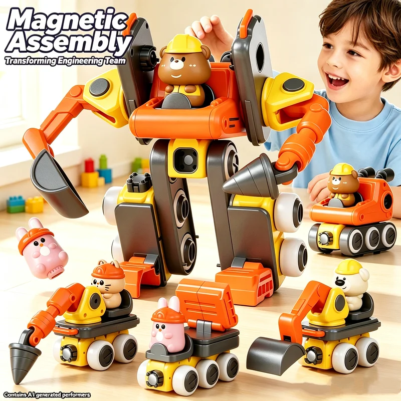 4 IN1 Magnetic Deformation Robot Engineering Excavator Truck Assembly Multi-Function Construction Machine Kids Toys Boy Gifts