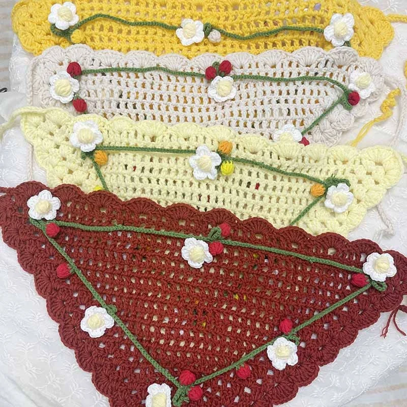 Französischer pastoraler Stil, gestricktes, florales Dreieck-Kopftuch für Mädchen, personalisiertes Kopftuch für Fotoshootings mit Bindeband, 3D-Blumen-Haarband – Detail 4