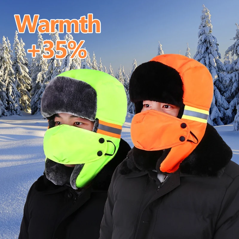 Winter Trapper Hat with Ear Flaps Orange & Fluorescent Green Reflective Beanie for Outdoor Work Hunting Skiing