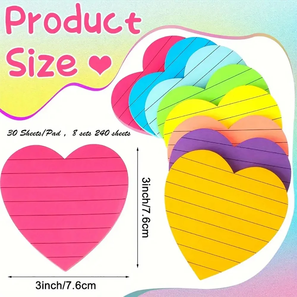 8 Colors Sticky Notes Notepad Office Bookmark Cute Heart Shaped Lines Sticky Notes Posted It Stickers Scho