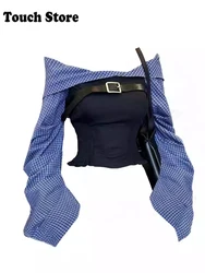 Women Y2K Design Slash Neck Shirts Long Sleeve 2000s Aesthetic Shoujo Plaid Patchwork Blouses Gyaru Coquette Crop Top Y2K Korean