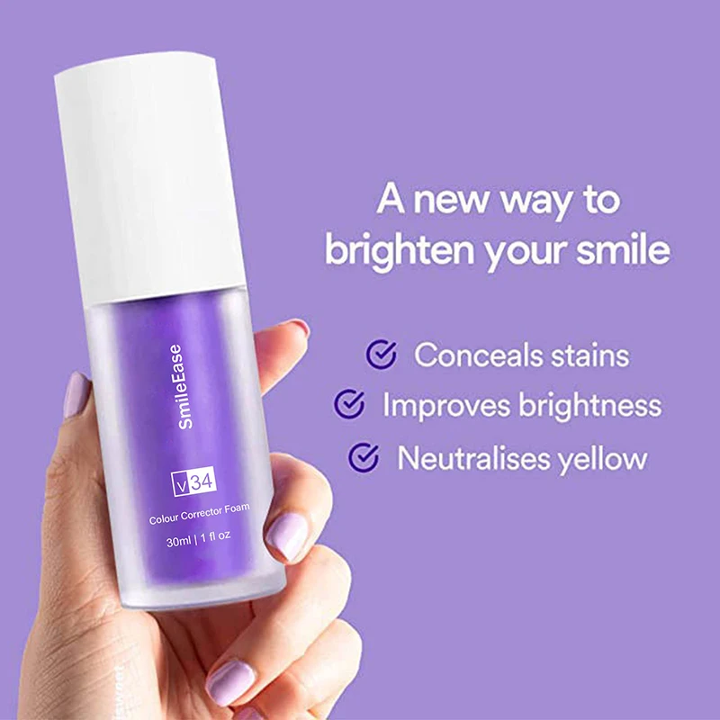 Dentifricio V34 Mousse detergente per denti viola pressa in bottiglia rinfresca l'alito sbianca le macchie dei denti rimozione delle macchie pulizia dei denti