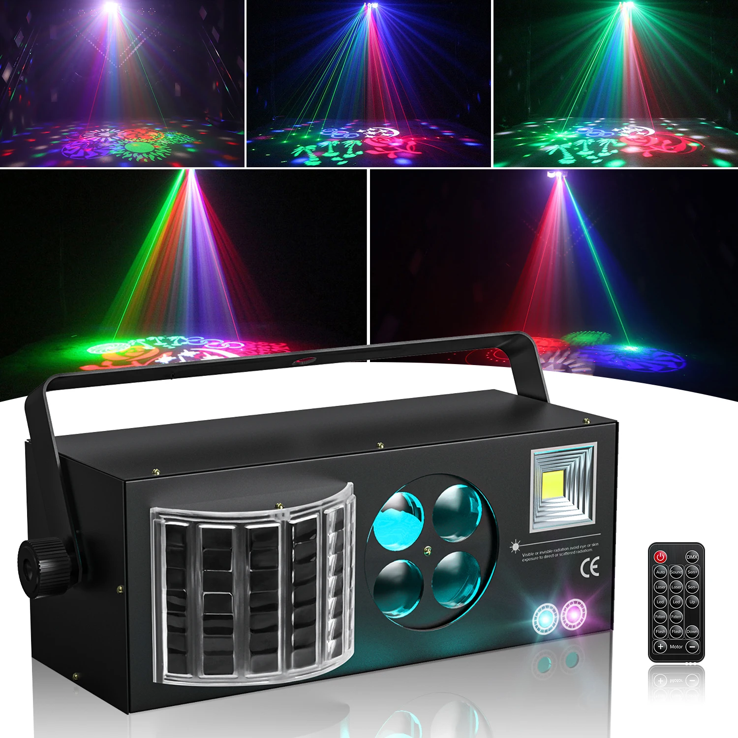 Fieryzeal 60W 4IN1 Stage Effect Lighting RGBW LED Laser Patterns Strobe Butterfly Light DMX Effect for DJ Disco Party Bar KTV