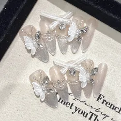 10pcs Flash Cat's Eye False Nails Handmade Long Almond Glossy White Press On Nail French Style Bowknot Butterfly Decor Fake Nail