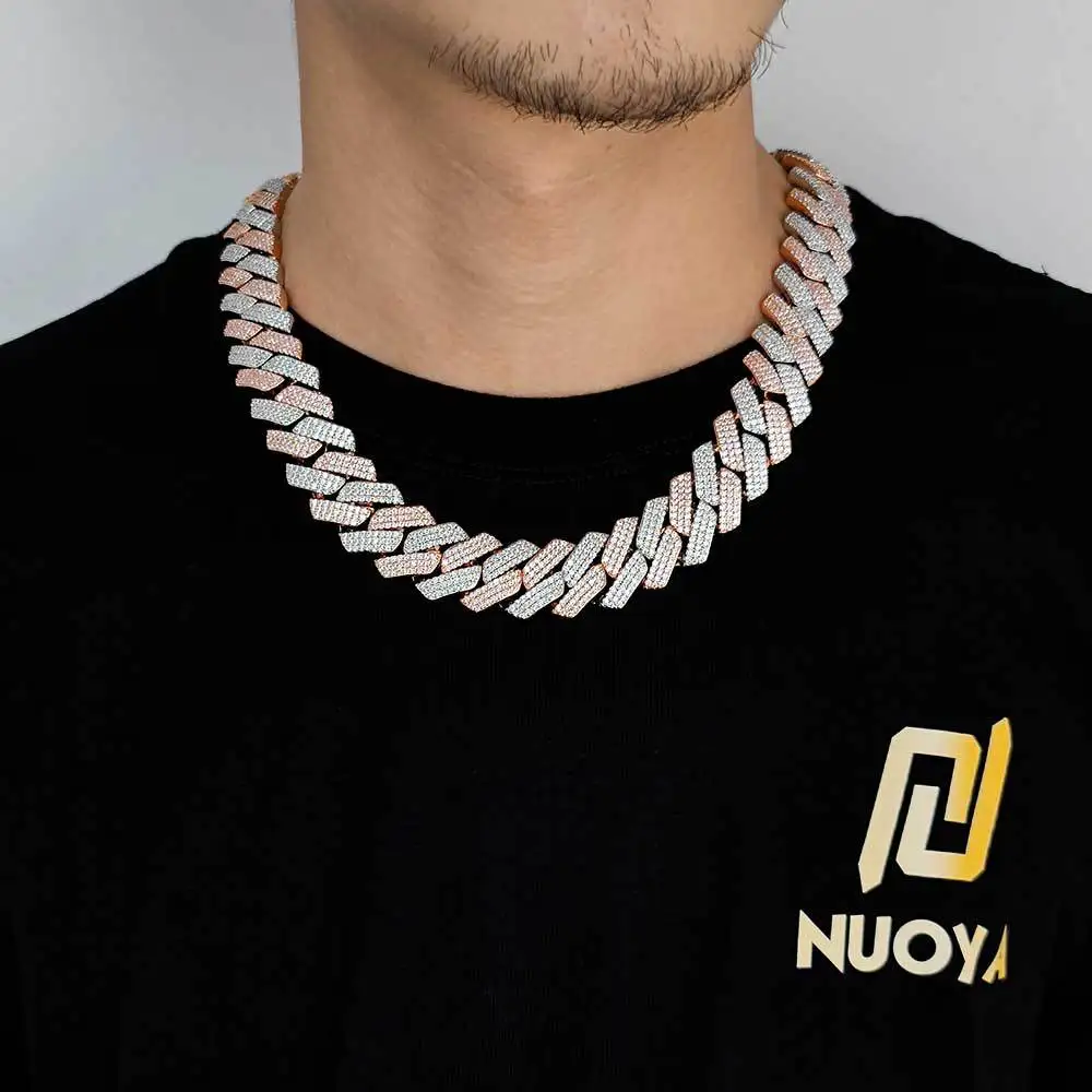 10 Karat Gold Cuban Link Chain Hip Hop Full Diamond 20mm Three Rows Zircon Two-Color Rhombus Cuban Men Wholesale