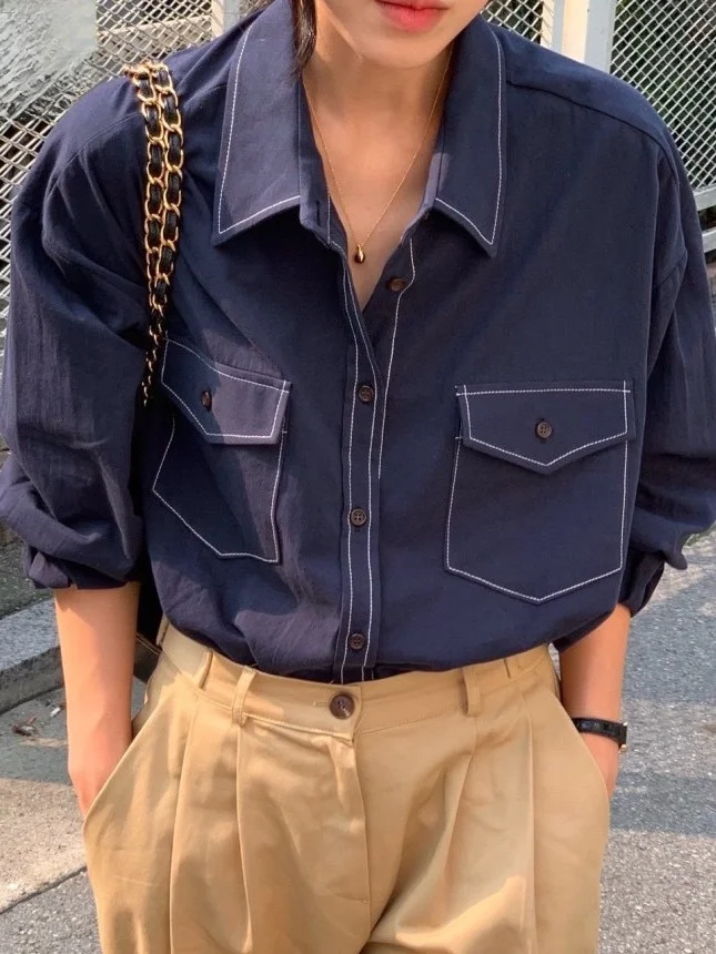 

Street Sle Loose Long Sve irt Women's Button up Collar Retro Design Double ket Chic Autumn Faion Casual Dr irt
