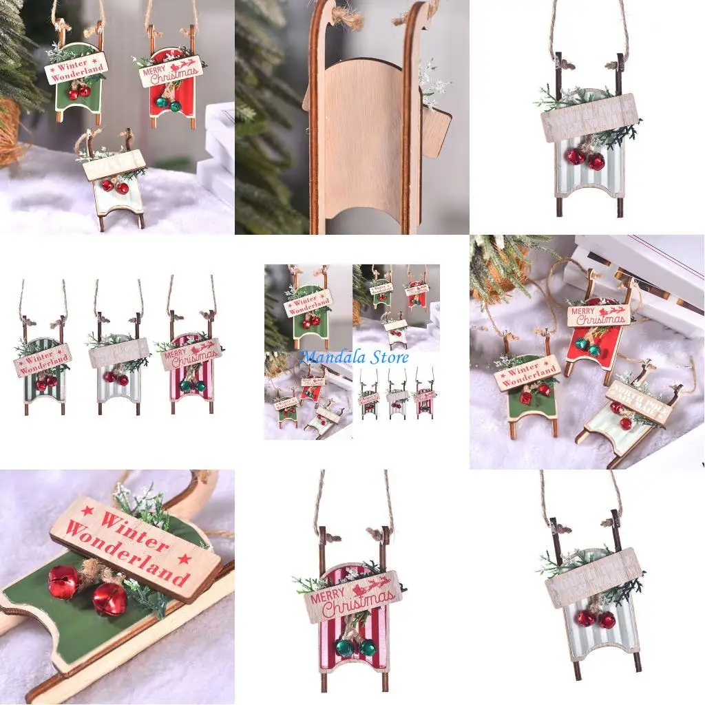 

U2JC User Friendly Wooden Sled Christmas Tree Decoration Handmade Holiday Ornament