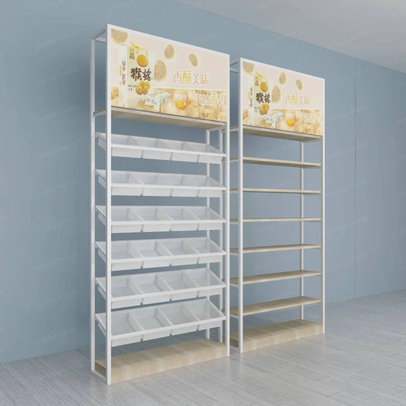 custom.Wooden Supermarket Shelves Snack Bulk Weighing Candy Cookie Shelves