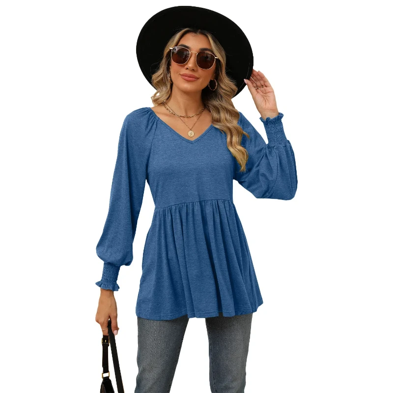 New V-neck Bubble Long Sleeved Waistband Top T-shirt for Women