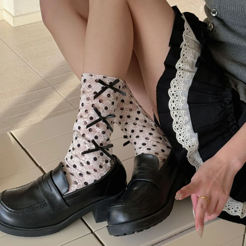 Korean Polka Dot Middle Tube Socks Sweet Girl Retro Hollow Mesh Fishnet Lace Socks Cute Bow JK Lolita Kawaii Women Long Socks