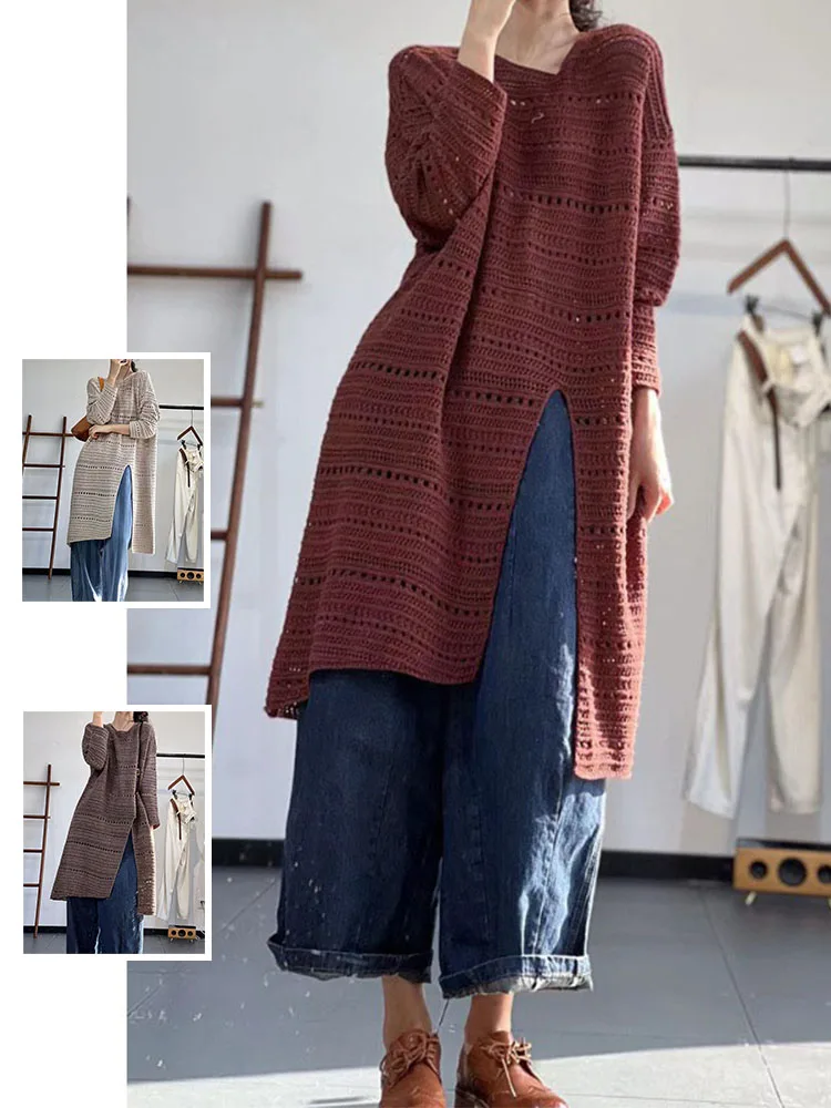 

Осенний однотонный длинный ажурный трикотаж больших размеров, круглый универсальный асимметричный топ с боковым разрезом для женщин