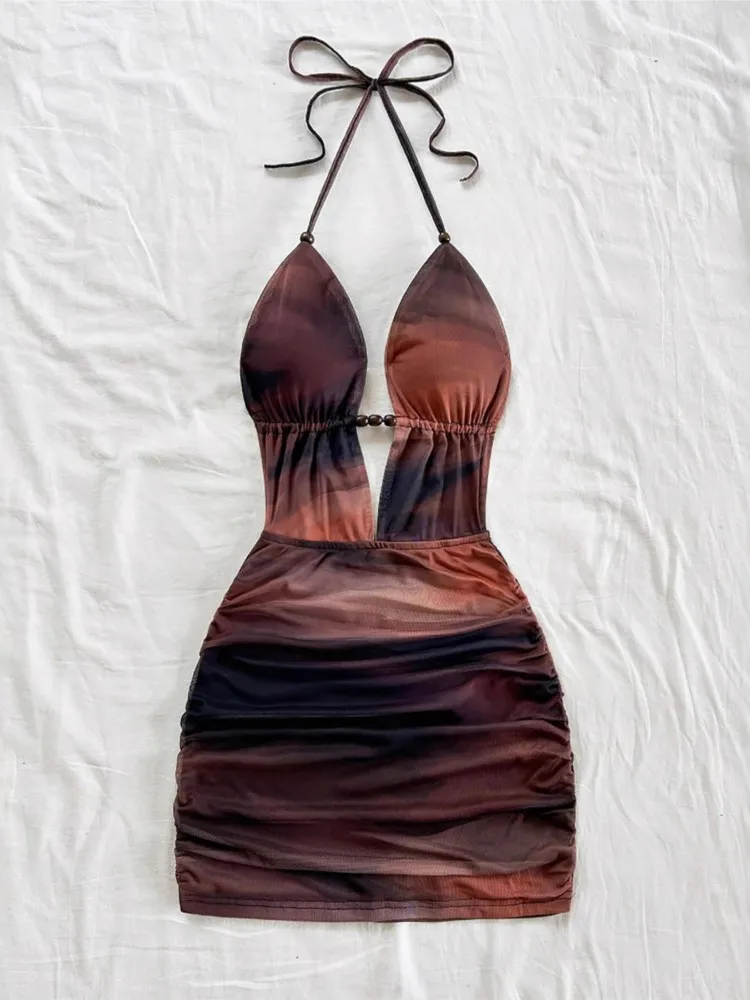 

Party Dresses For Woman Printed Halter Neck Backless Evening Dress Package Hip Hollow Out Vestidos Leace-up Bodycon temperament