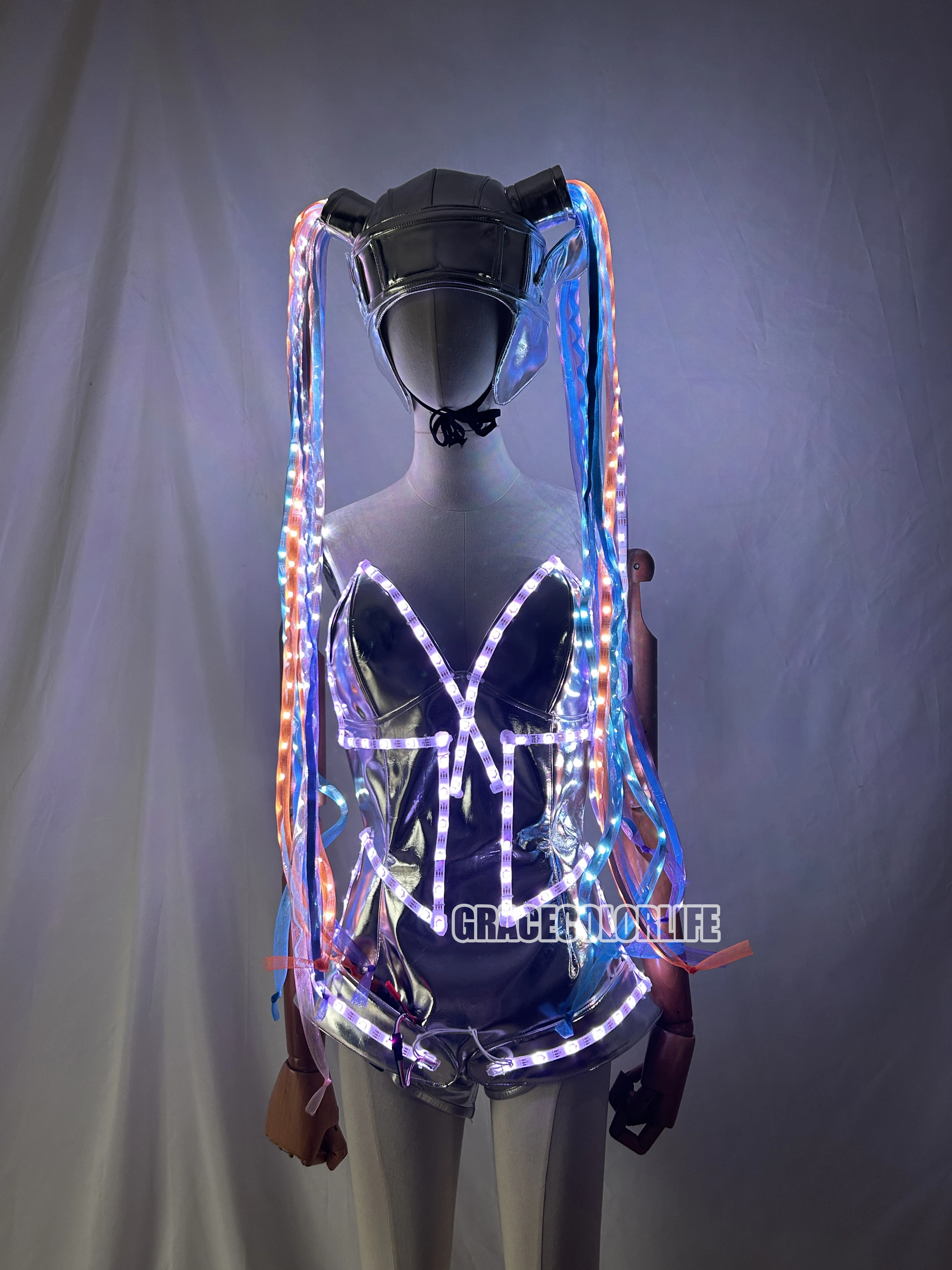 كامل اللون LED بذلة المرأة زي الخيال مضيئة الضفائر الطويلة حفلة تنكرية المرحلة DS أداء الملابس بار DJ ازياء