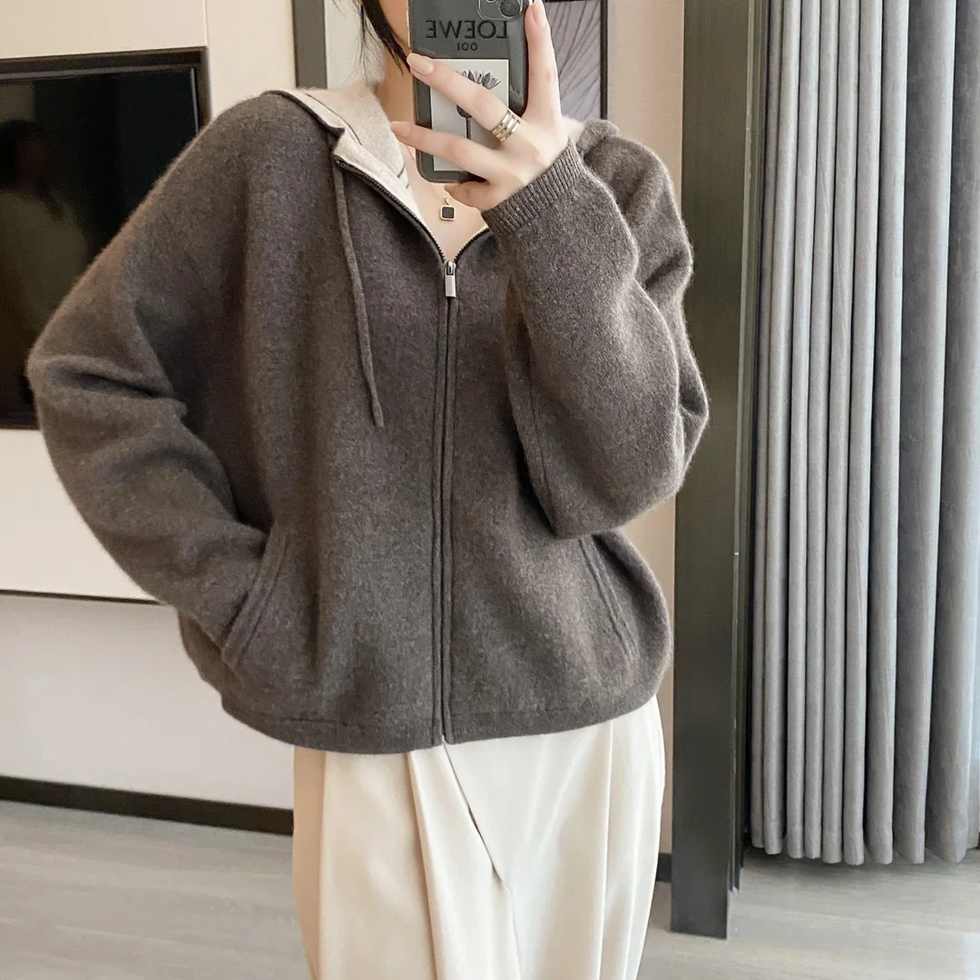 Women\'s Air Cashmere Cardigan Loose Padded Knit Hoodie Contrast Zipper Sweater Fall Winter Coat New Style Casual Comfortable