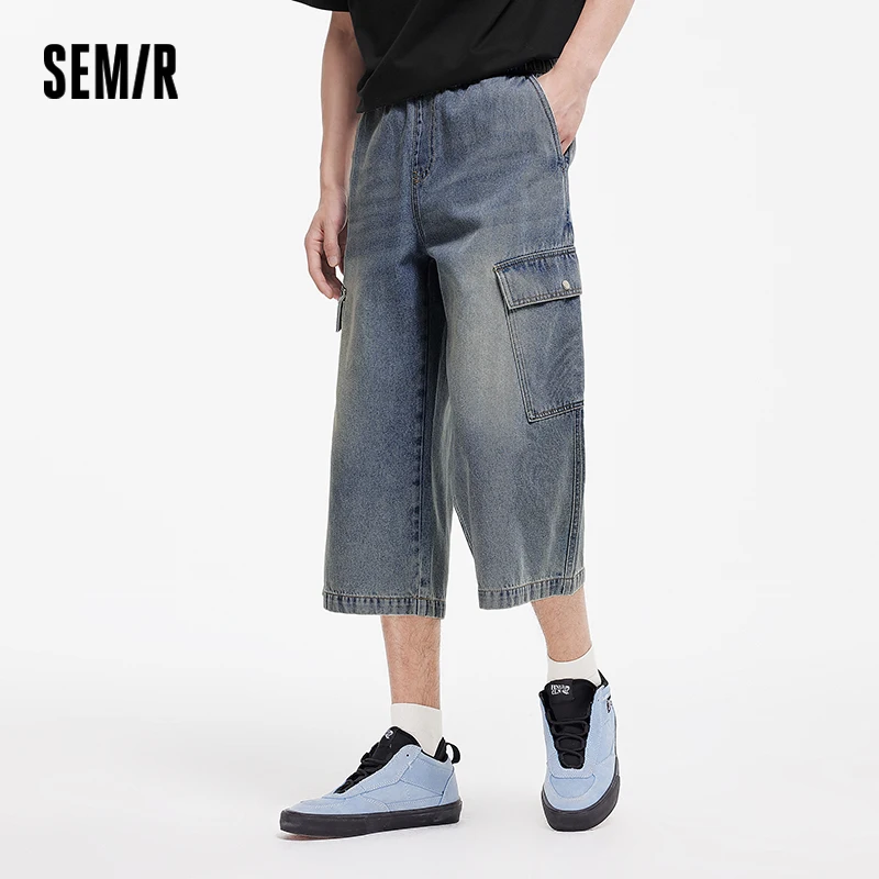 Semir 빈티지 워시 카고 데님 바지 남성 악세사리 2025 여름 새로운 느슨한 스트레이트 레그 바지