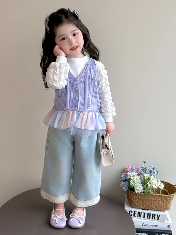 

Вязаный свитер для девочек, комплект жилета, повседневная футболка Bubble Sve, комплект 2025, новинка Sle, детская модная осенняя коллекция