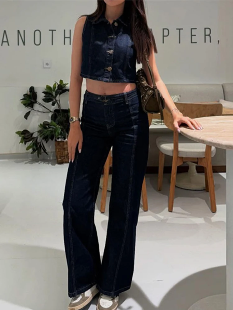 

Chic Women Solid Denim Two-piece Sets Sleeveless Cropped Vest Wide Leg Jeans Outfits Casual Street Wear Fashion Elegant Suits