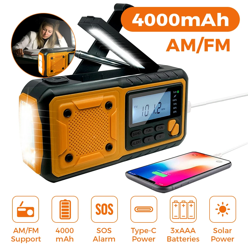 4000mAh Portable Emergency Solar Power Radio Hand Crank Charging AM/FM Weather Radio Led Reading Flashlight Bank Phone Charger 