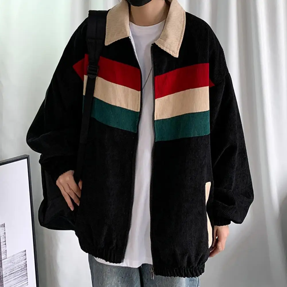 

2023 American Retro Contrast Color Hoodies Zipper Corduroy Jacket Spring Autumn Cardigan Coats Casual Loose Fit Male Outerwear