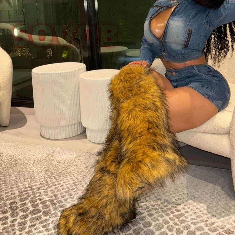 

Women's Winter Knee High Furry Boots Fluffy Plush Warm Snow Boots Fashion Faux Fur Trendy Footwear Ladies 2026 Shoes 36-46