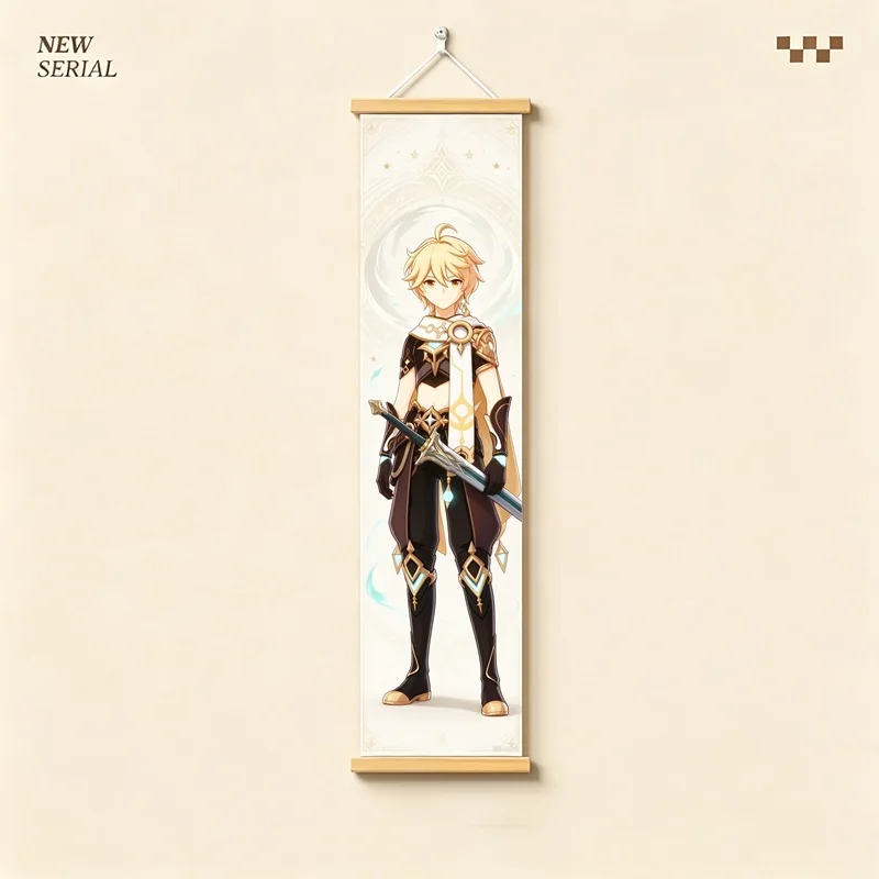 Hanging Scroll Wall Art of Genshin Impact Aether with Teal and Gold Glow, Silver Shimmer Canvas for an Anime Bedroom