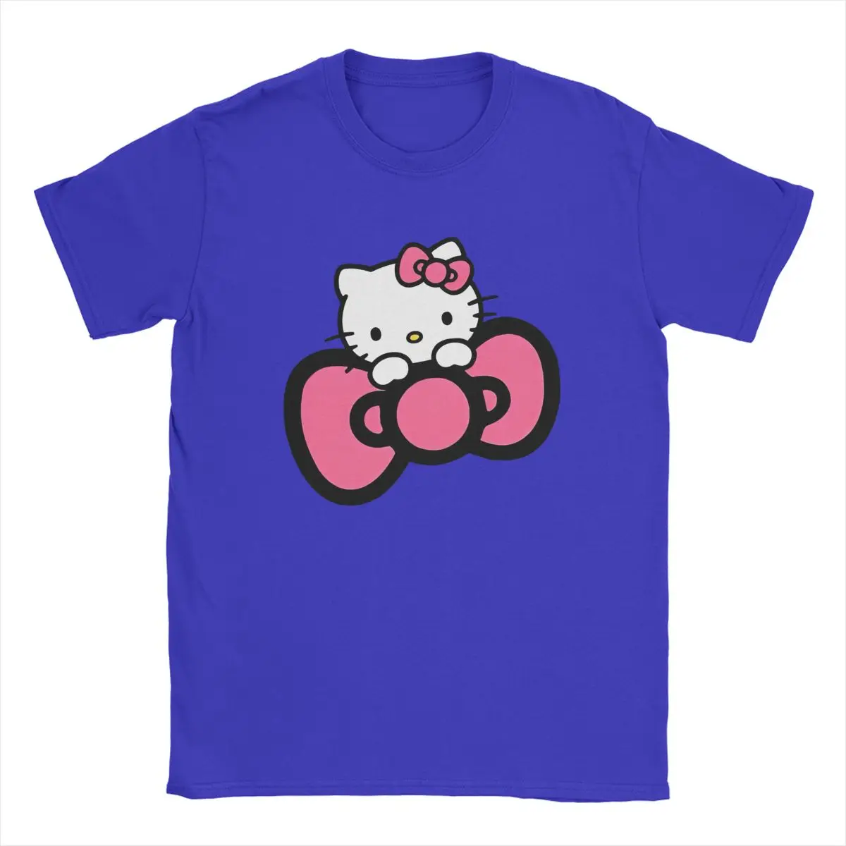 Men T Shirt Official Cute Pink Hello Kitty Hold Bowknot Crazy Tee Short Sleeve Round Neck T-Shirts Cotton Graphic Printed Clothe