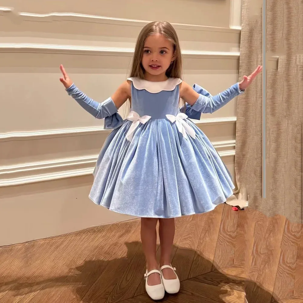abito-da-damigella-personalizzato-blu-in-velluto-al-ginocchio-con-fiocco-elegante-e-adorabile-per-compleanni-servizi-fotografici-e-concorsi-di-bellezza-per-bambine