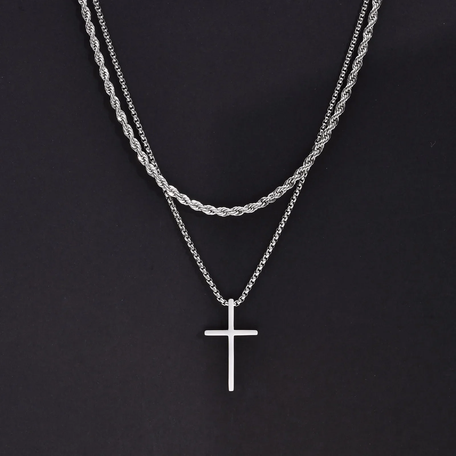 2 szt. Naszyjnik z krzyżykiem ze stali nierdzewnej dla mężczyzn, tytanowa stal, skręcony łańcuszek typu rope box, choker, damska biżuteria w stylu punk