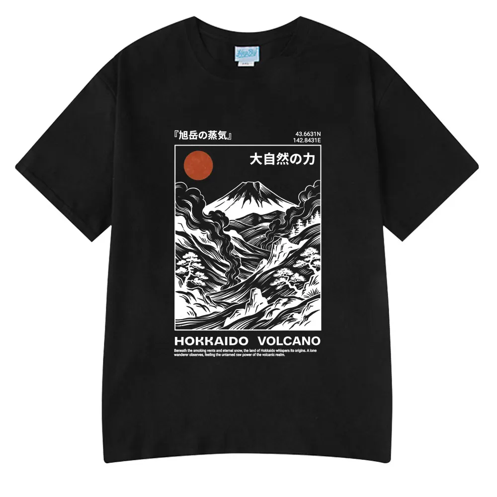 Camiseta con ilustración del volcán de Hokkaido, camiseta Retro estilo Okiyo-e con arte de montaña japonés, ropa informal de algodón de manga corta para hombre