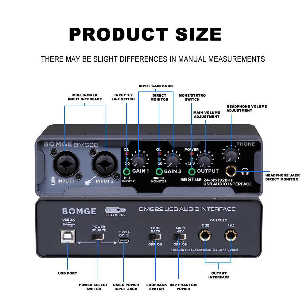 بطاقة صوت بومجي ميكسر ، 24 بت ، 192 كيلو هرتز ، واجهة صوت USB ، 48 فولت طاقة فانتوم ، حافظة معدنية للجيتار ، المطربين ، البودكاستر