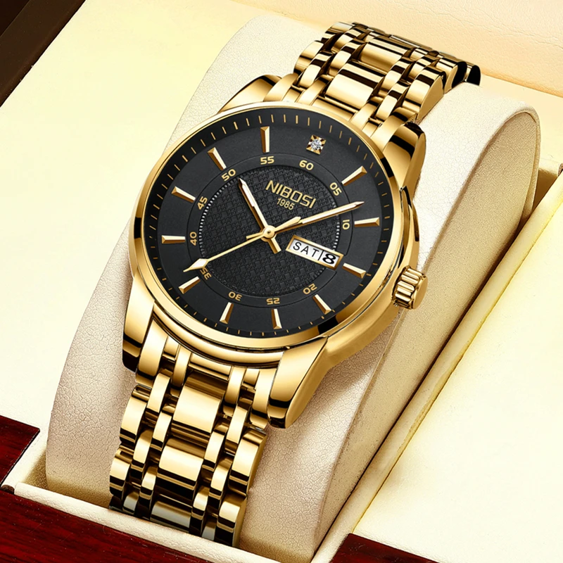 

NIBOSI аналоговые кварцевые часы для мужчин, водонепроницаемые мужские часы с бриллиантами Week-Date, водонепроницаемые деловые часы из нержавеющей стали, мужские часы Reloj