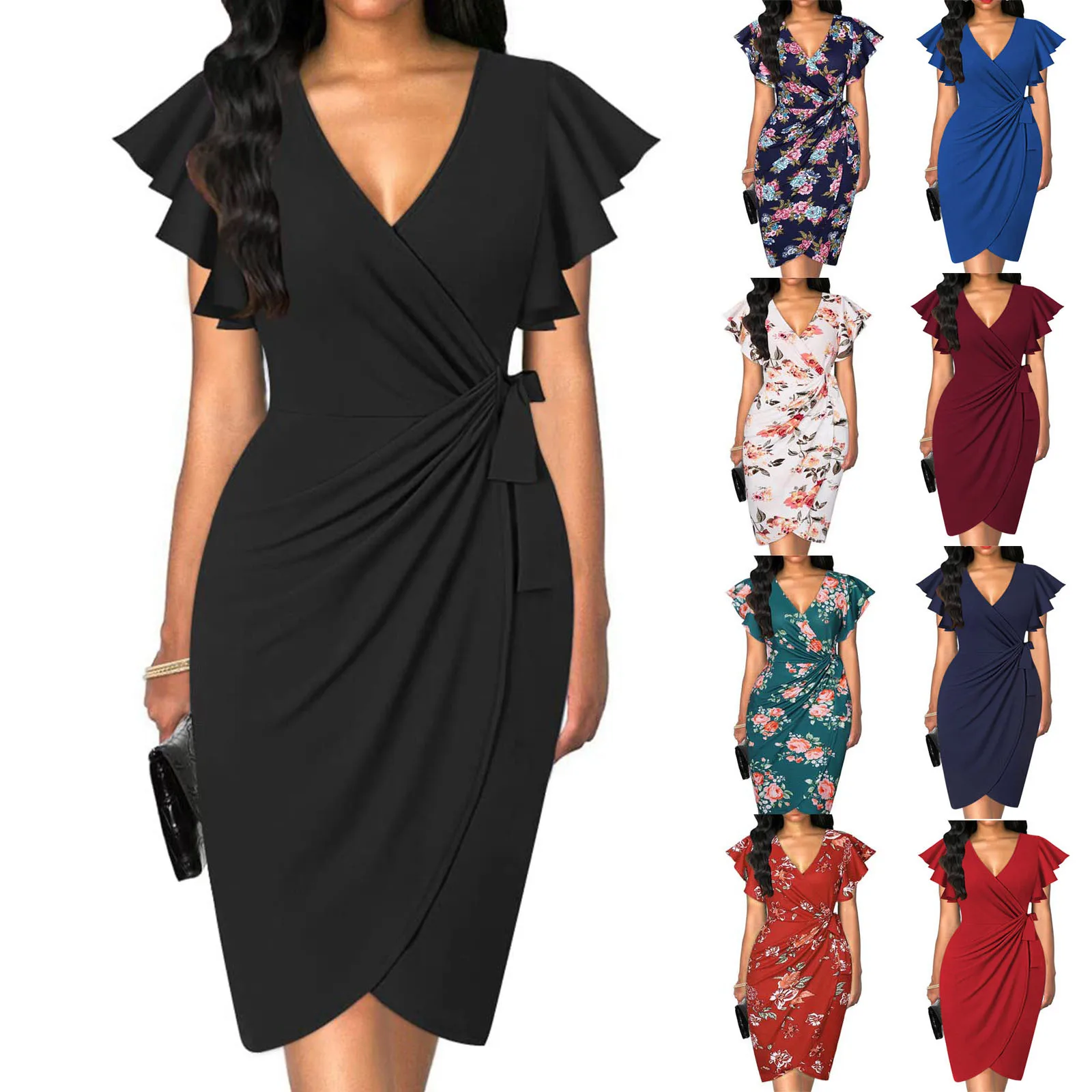 

2025 Sweet Style Temperament Kink Slim Waist Pleated Solid Color Dress Women Europe and America