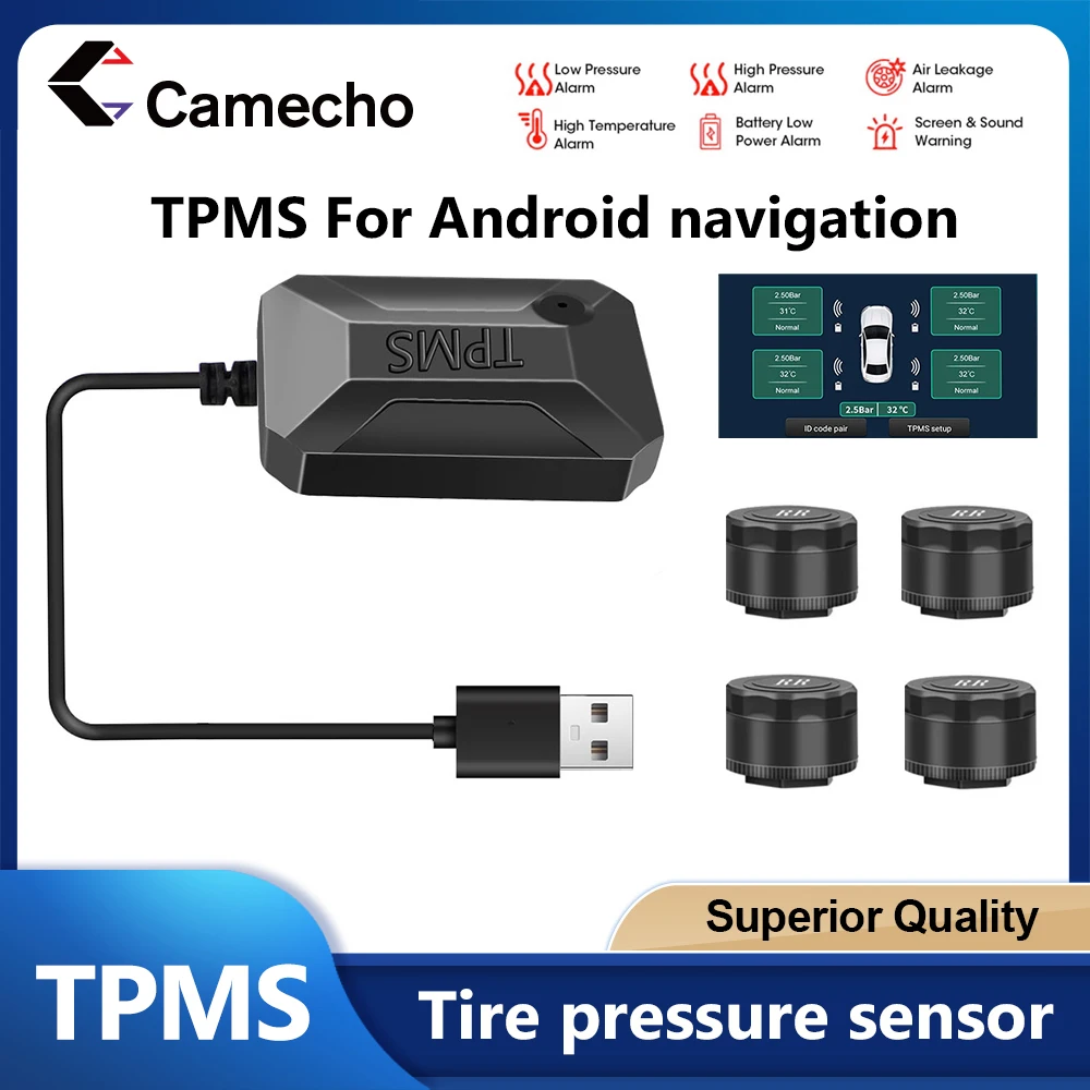 USB Android TPMS Sistema di monitoraggio della pressione dei pneumatici Display Sistema di allarme Interno esterno 4 sensori per radio di navigazione per auto