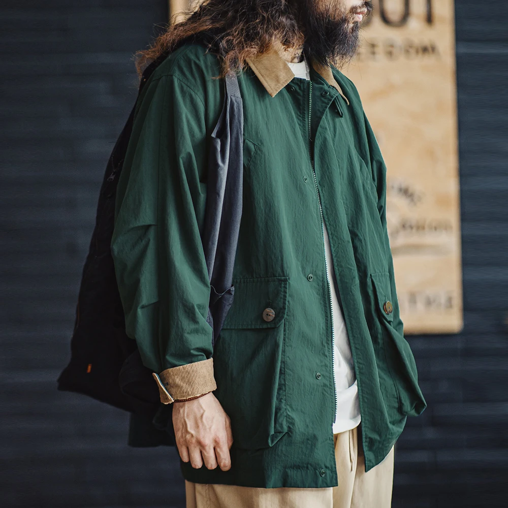 Maden-Veste Safari Multi-Poches Rétro en Velours Côtelé Vert pour Homme, Manteau Classique Polyvalent pour le Printemps et l'Automne