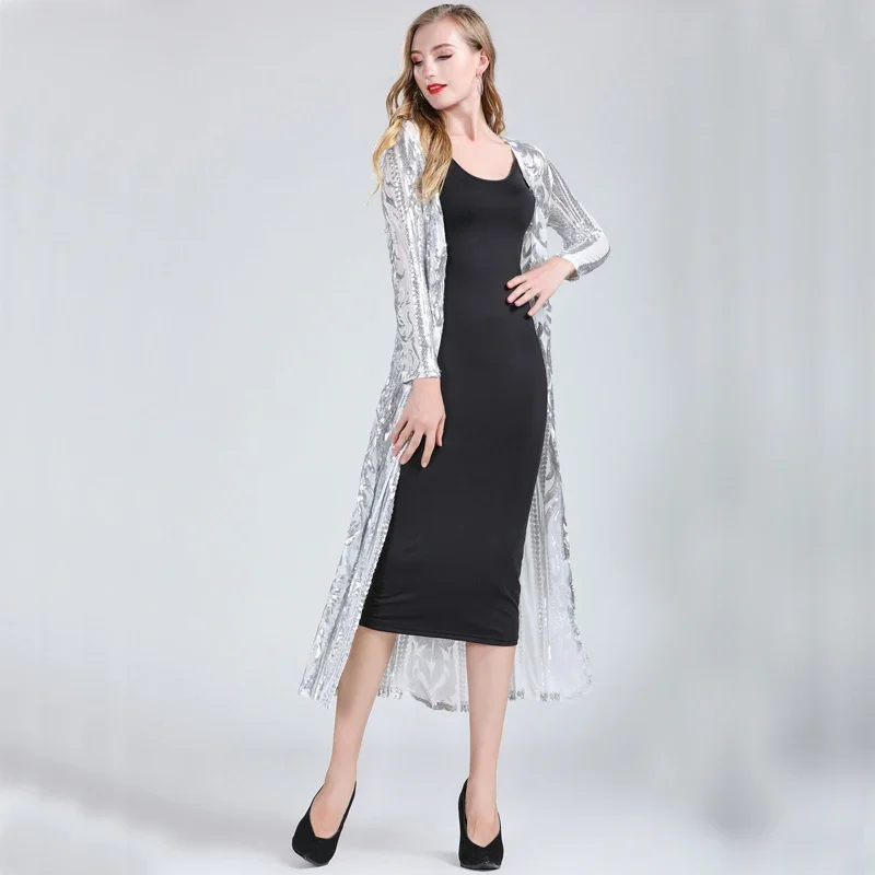 Women Sexy Long Sequin Open Front Mesh Cardigan Embroidery Long Sleeve Blouse Cover Up Coat Evening Prom Party Tops