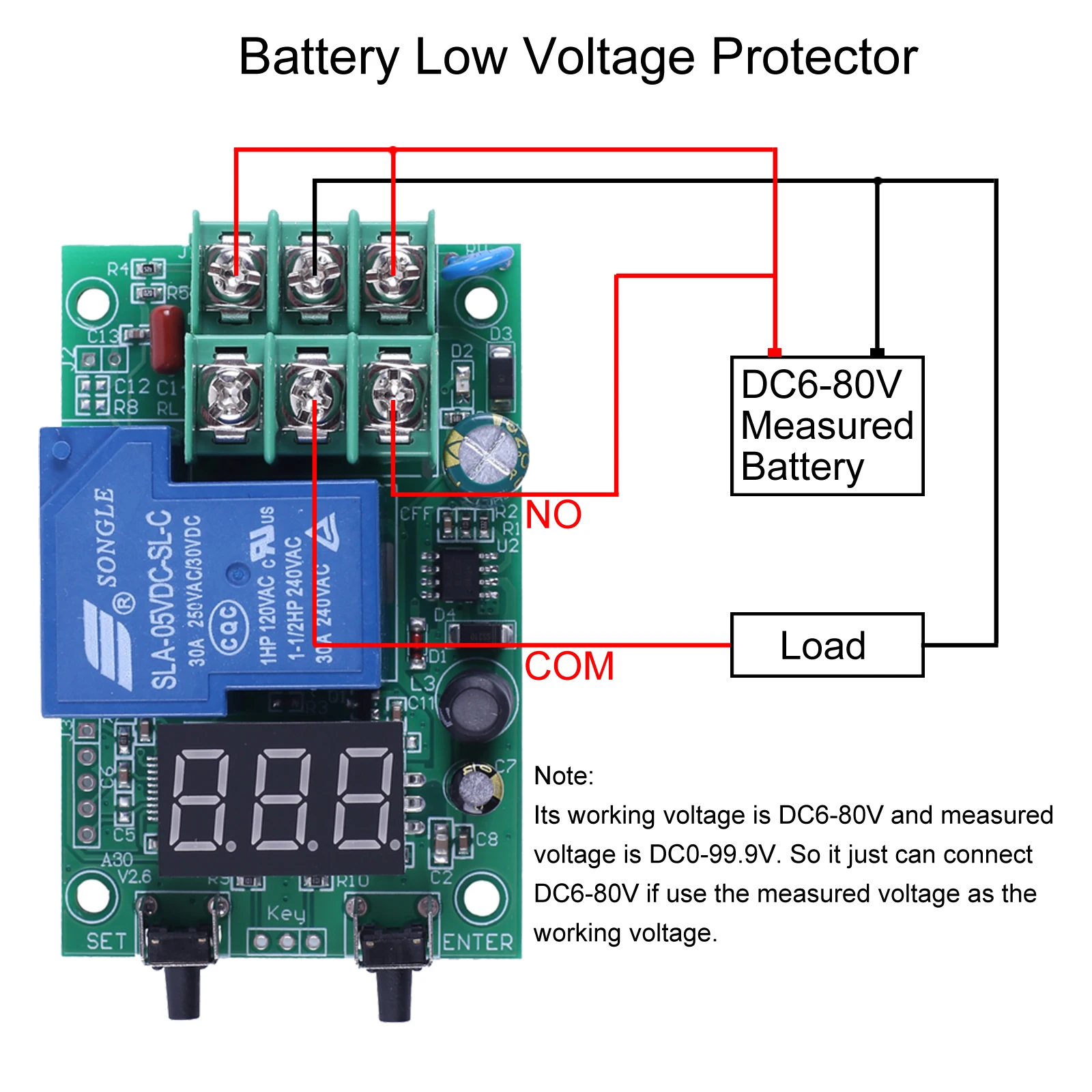 DC6-80V Relay Switch Controller Module Voltage Detection Charging Discharge Monitor with Case Digital Display DC0-99.9V Measured