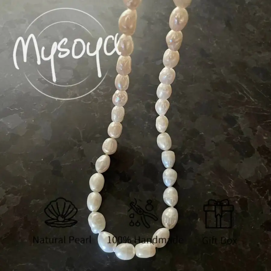 

MYSOYA 7-8 мм натуральный белый рис в форме пресноводного жемчуга ожерелье для женщин и мужчин подарочная коробка подарок на день рождения, свадьбу, годовщину