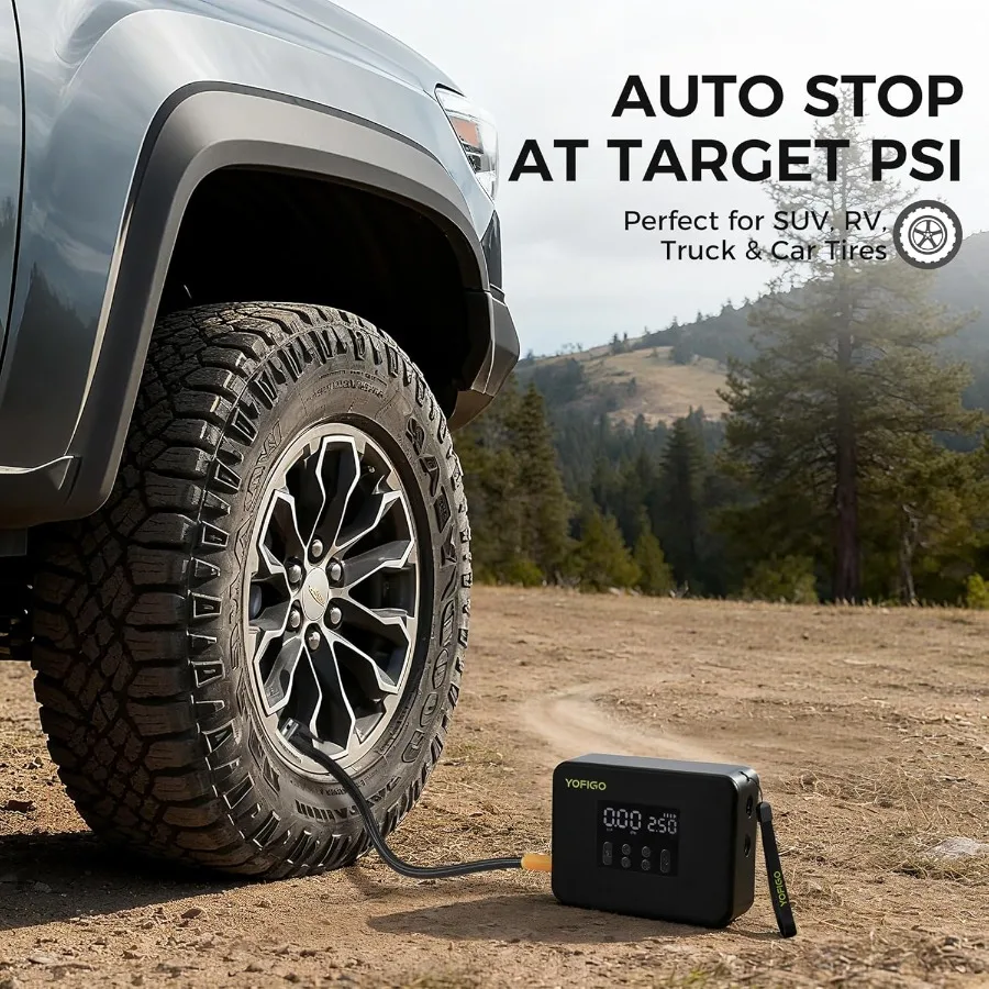 Portable Tire Inflator with Dual Power Supply and Digital Pressure Gauge Display: Electric Air Pump for Cars Trucks Motorcycles