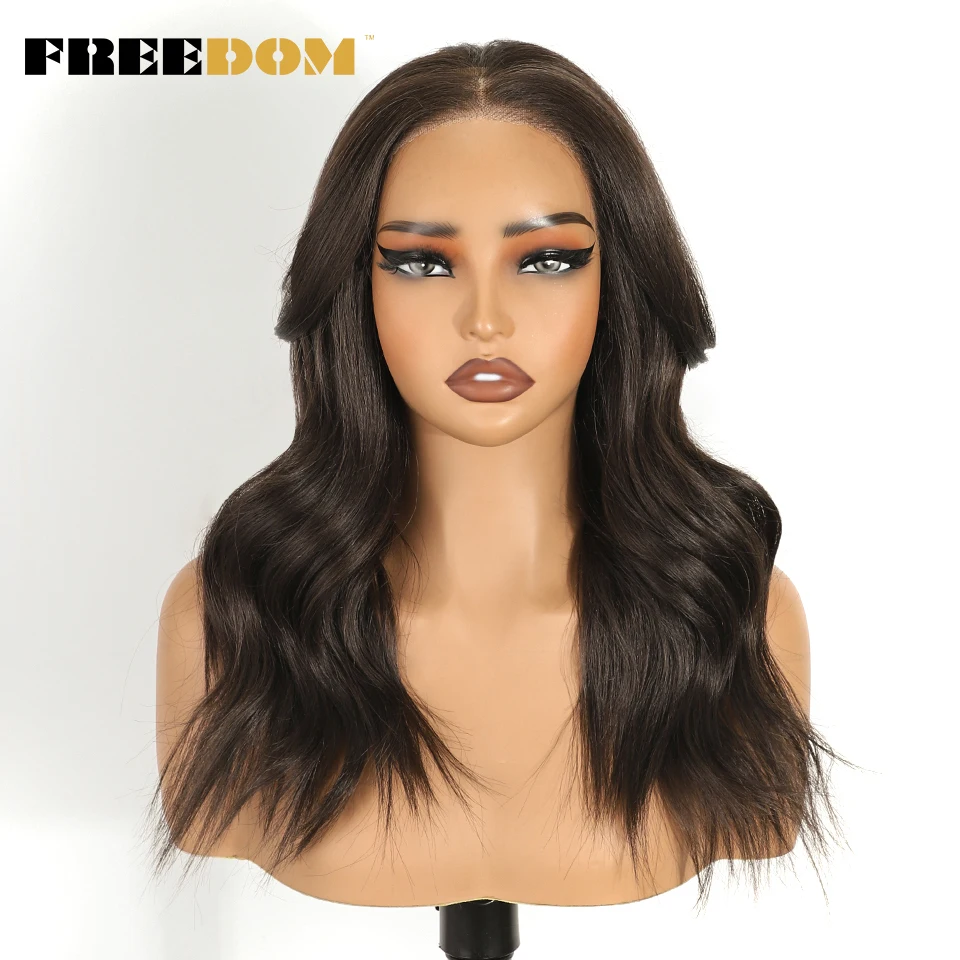 FREEDOM Synthetische Lace-Front-Perücken für Damen, natürlich gewellt, 18 Zoll, 13x3 Lace-Perücke mit vorgezupfter Haarlinie, vorgefertigte Ombre-Braun-Perücken mit Highlights – Detail 6