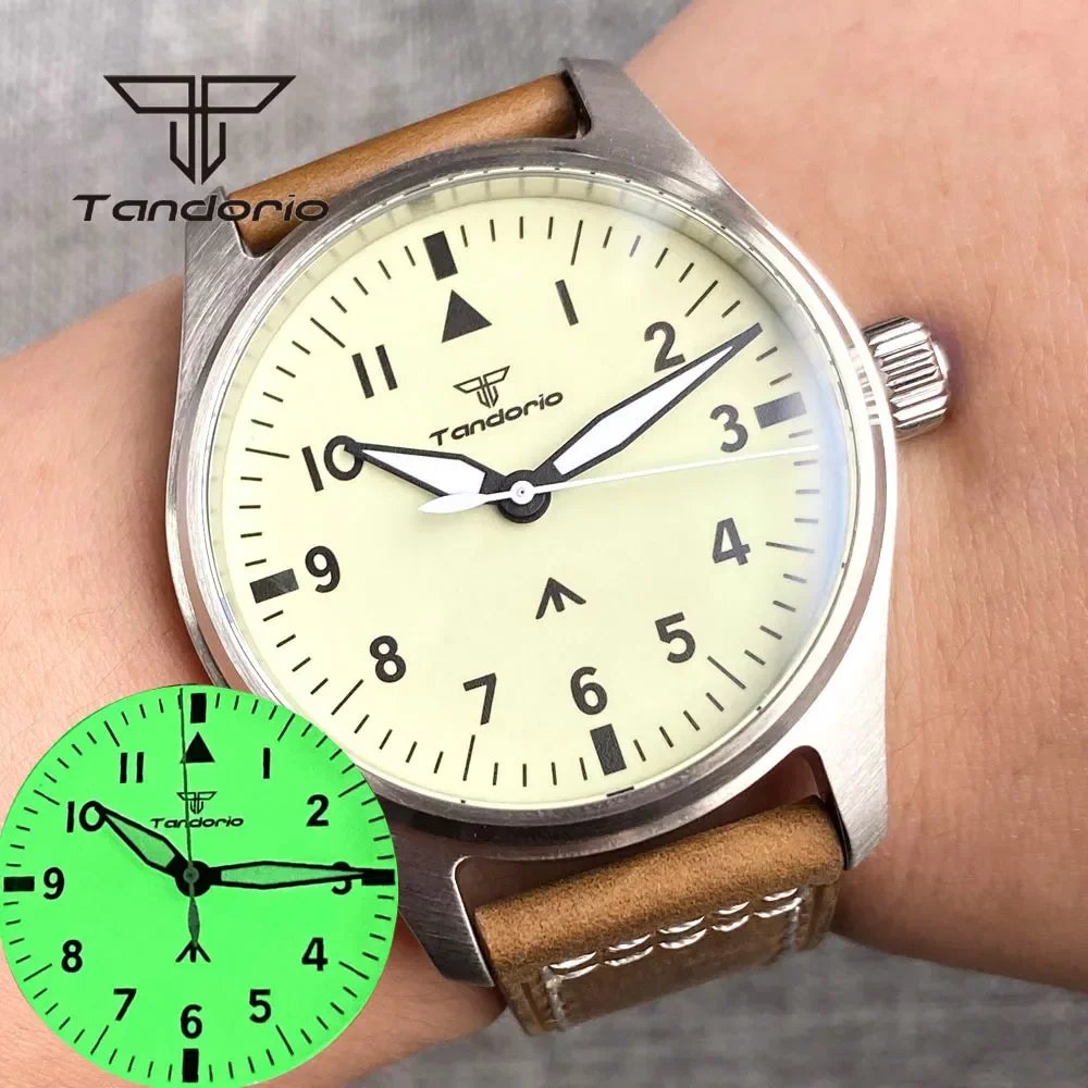 

Tandorio 39mm Pilot 20Bar Men's Automatic Watch Beige Dial Full Green Luminous NH35A PT5000 Sapphire Crystal Screw Crown Leather