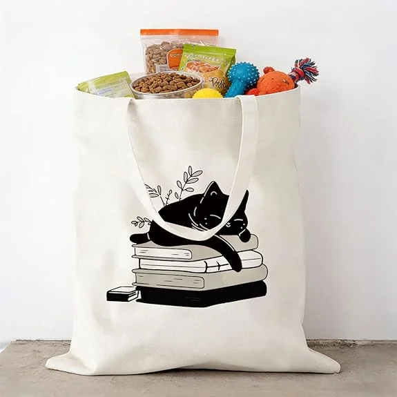Minimalist Cat Book Print Canvas Tote Bag Versatile Trendy Shoulder Handbag for Cat Lover Stylish Reusable Grocery Book Bag