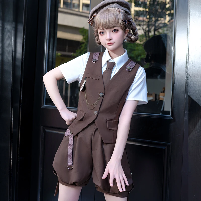 

Original Japanese Cosplay Detective Lolita Shirt Vest Strap Pants Summer Campus Prince Three Piece Set